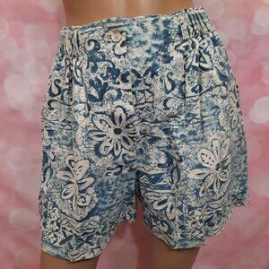 Vintage 80s high Waisted Shorts Pleated Front Size S Blue Floral Linen Cotton